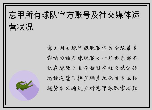 意甲所有球队官方账号及社交媒体运营状况