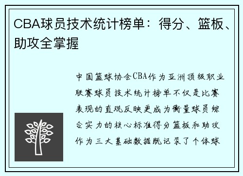CBA球员技术统计榜单：得分、篮板、助攻全掌握